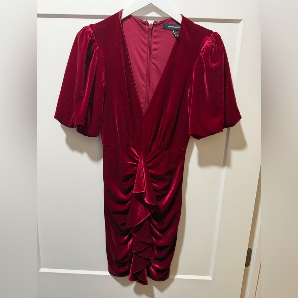 Red Velvet Ruched V-Neck Dress - Unbranded